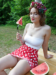 Free Kilo Clips presents: Nice belarusian stunner Rokki removes all clothes on a blanket in a backyard